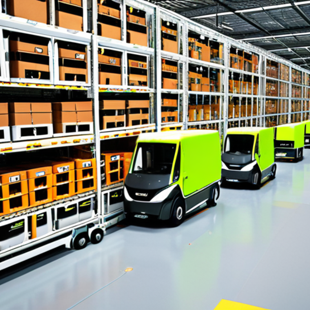 **Image Prompt:** Modern, automated distribution center in the Netherlands. Robots are picking and packing orders. Focus on efficiency and technology. WMS display screens visible. Incorporate green/sustainable elements, like electric delivery vans.