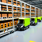 **Image Prompt:** Modern, automated distribution center in the Netherlands. Robots are picking and packing orders. Focus on efficiency and technology. WMS display screens visible. Incorporate green/sustainable elements, like electric delivery vans.